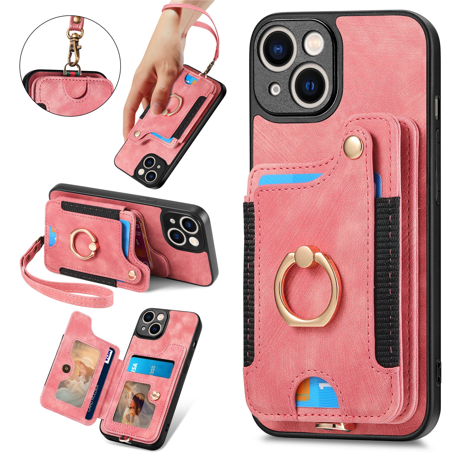 RFID Blocking Cover for iPhone 13 6.1 inch Card Holder Cell Phone PU Leather+PC+TPU Kickstand Case RFID Blocking Cover for iPhone 13 6.1 inch Card Holder Cell Phone PU Leather+PC+TPU Kickstand Case